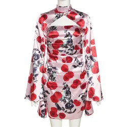 2022 New Arrivals Spring Sexy Open Dress Sexy Girl Flower Printed Back Out Flare Long Sleeve Mini Dress Ladies