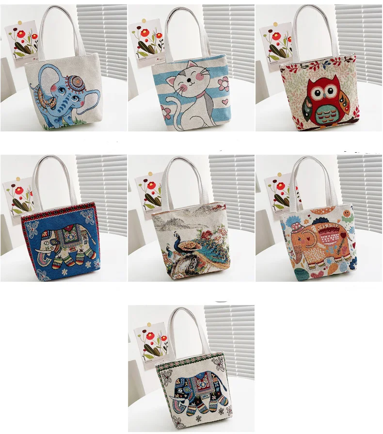 Leisure Fashion Zipper Bag Retro Embroidered Canvas Bags Cartoon Handbag