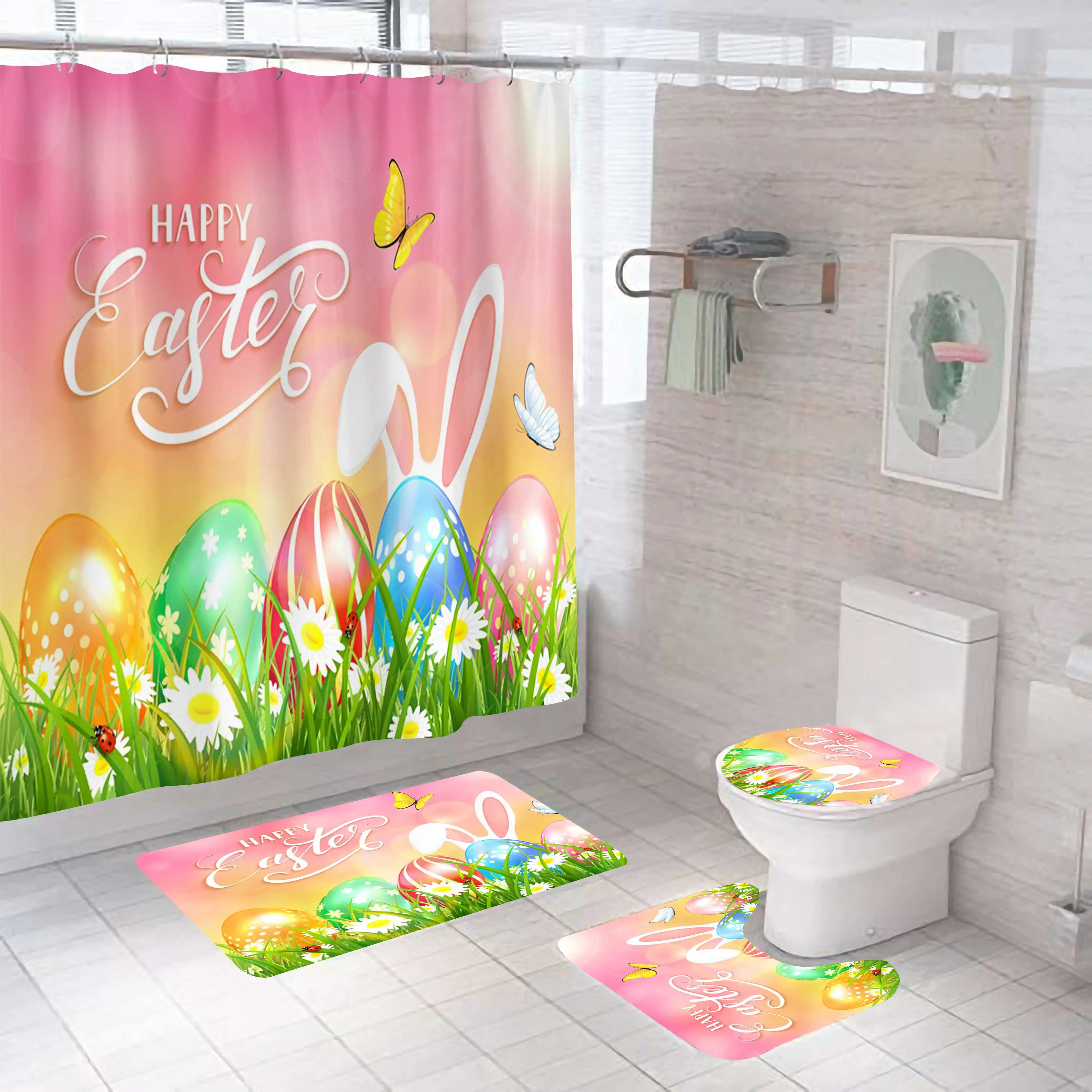 Holiday theme Easter cartoon pattern waterproof designer shower curtain set for bathroom decor