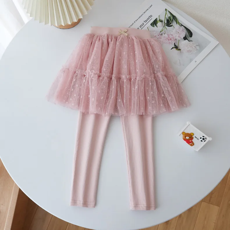 Spring Autumn Girls Cotton Pants Kid Lace Sequins Skirt Leggings Fashion Children Long Skinny Elastic Trousers