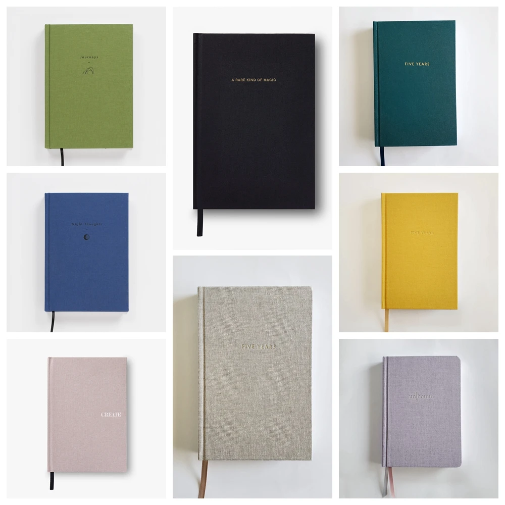 Пользовательские льняной журнал в твердом переплете с золотой фольгой штамповки логотипа A5 тканевые дневники блокноты