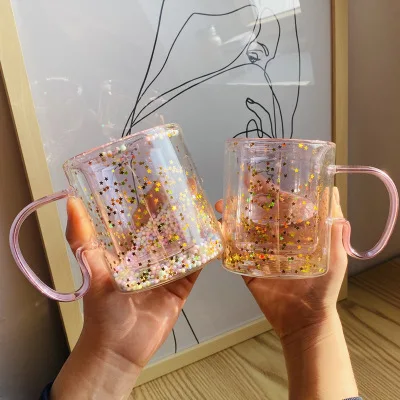 New Design Quicksand Bubble Heat Insulation Anti-scalding Beverage Drinking Cup Double Wall Juice Glass Cup with Pink Handle