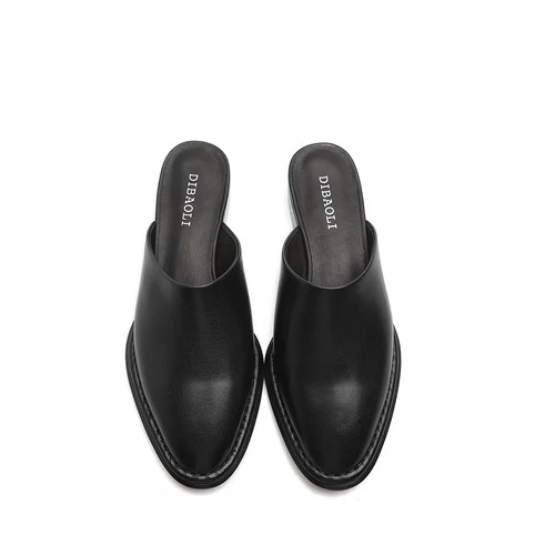 Flats Slippers Women Female Ladies Mother Genuine Black Leather Mules Dress Shoes Chunky Heel Pointed Toe