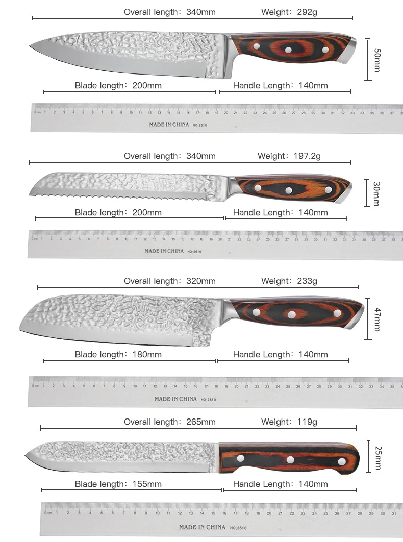 Hammered mirror chef knives with Block Premier 15Pcs Kitchen Knives Set Rosewood Handle Kitchen Knife Set