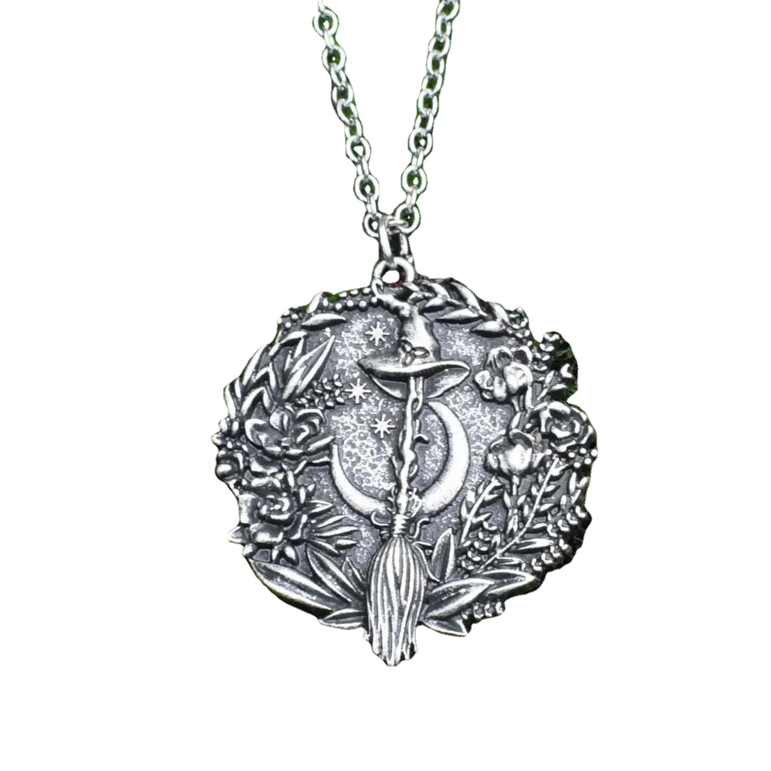 Vintage Halloween magic Witch Broom Broomstick Crescent Moon Hat woman pendant necklace