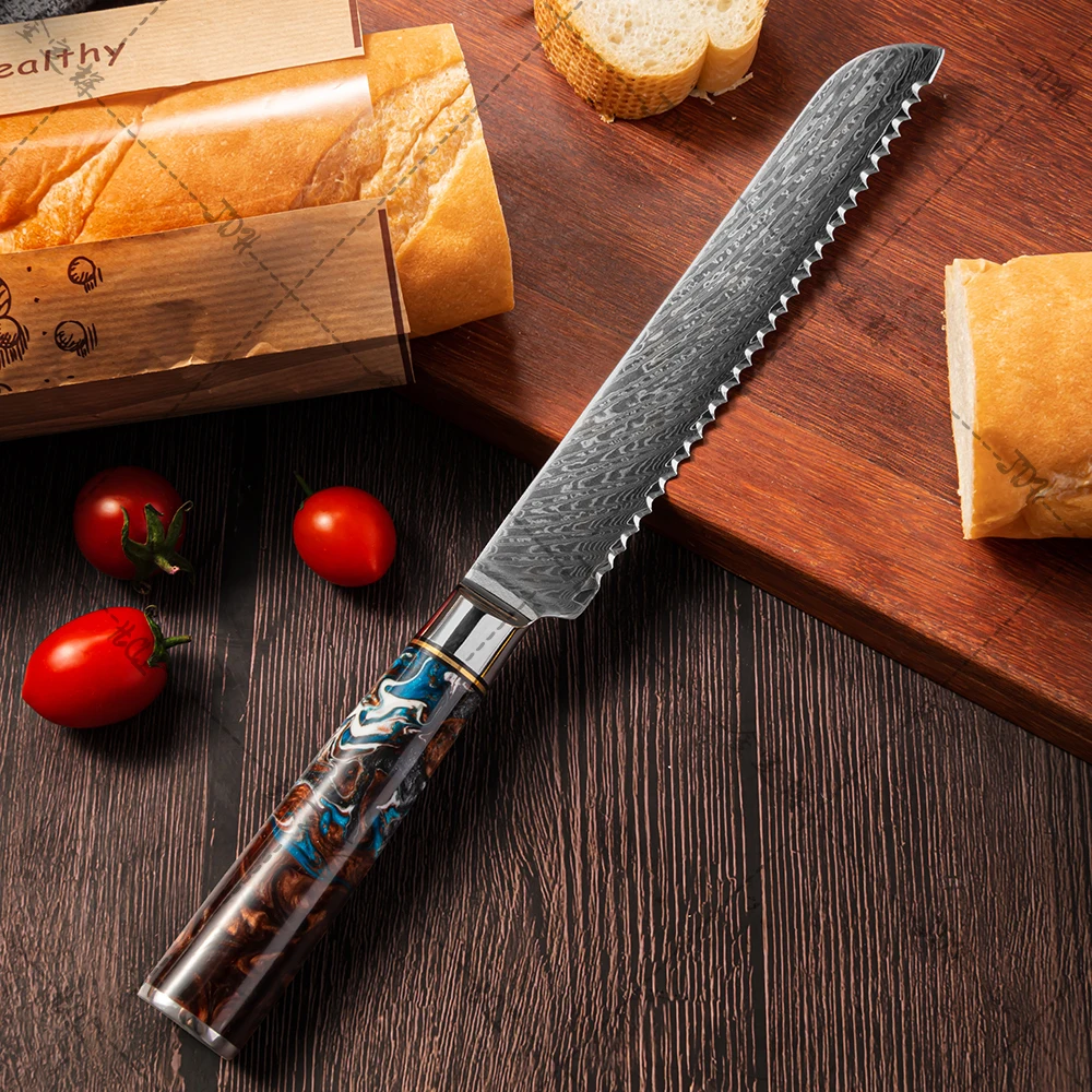 9 Pcs Damascus Kitchen Knife Set 67 Layers Damascus Steel Kitchen Knives with Resin Handle Brown