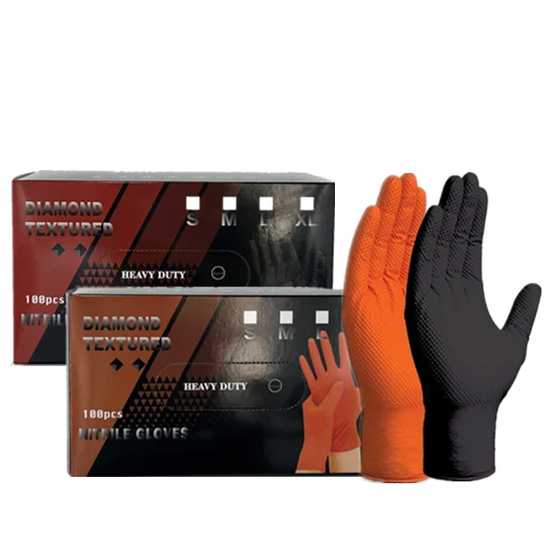 Industrial Mechanical Heavy Duty Orange Nitrile Gloves 8 mil Disposable Diamond Grip Work Black Nitrile Gloves XL