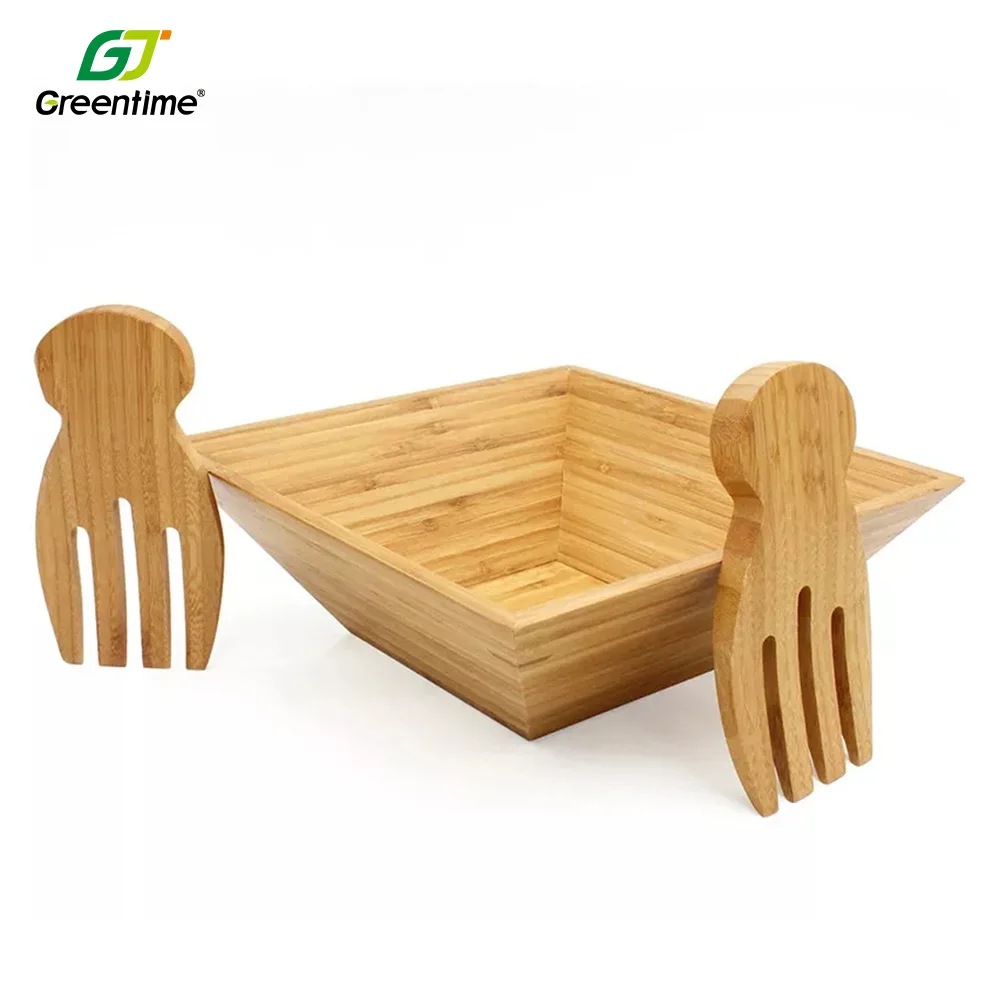 Custom Logo Big Square Bamboo Serving Bowl Fruit Wooden Salad Bowls Sets With Fork Utensils