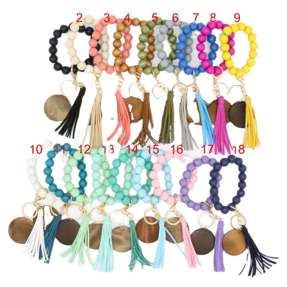 Colorful wooden beads monogram stretch keyring engraved disc bracelet tassel keychain