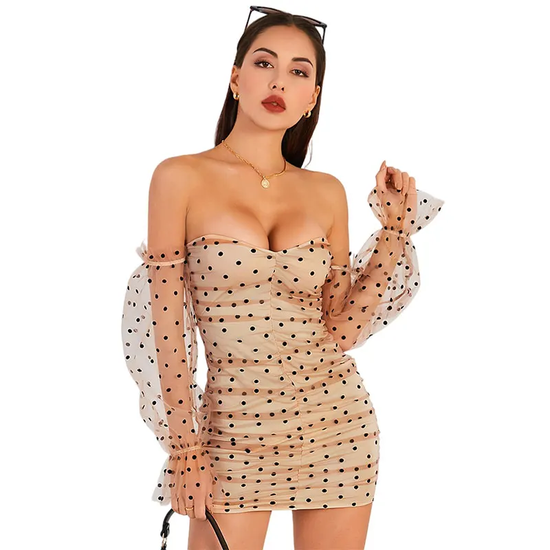 dot long sleeve cheap women mini short club dress satin open back ladies bodycon ruched dresses elegant casual mesh sexy summer