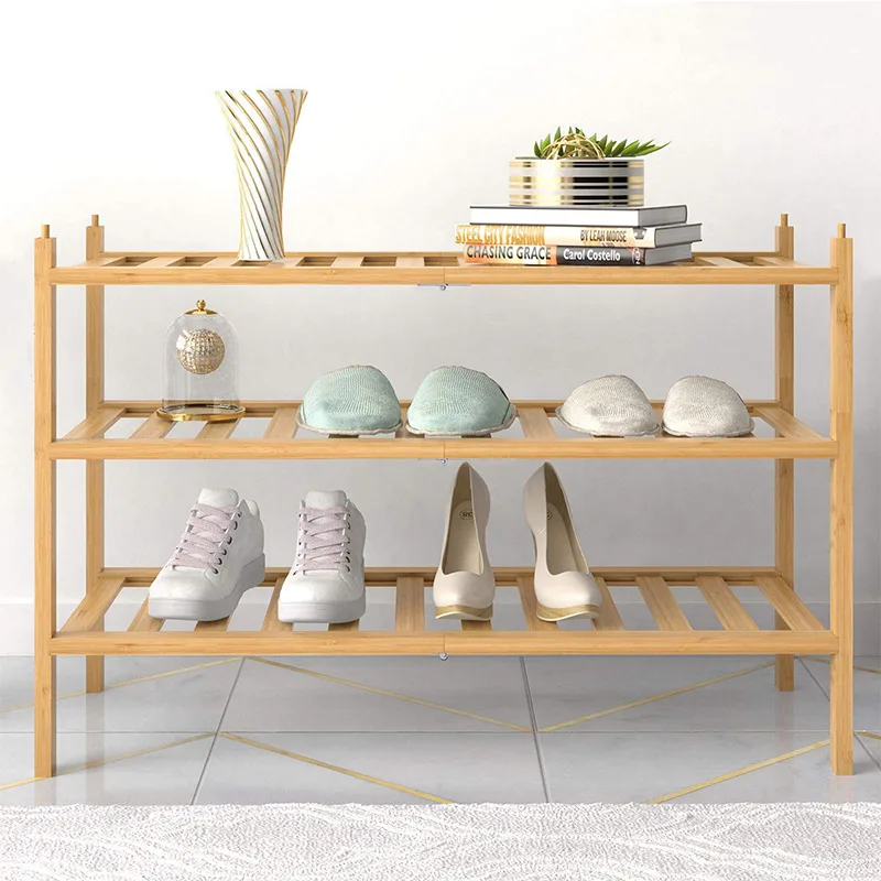 Classic Cheap 3-Tier Shoe Rack, Bamboo Door Stackable Shoe shelf Storage Organizer