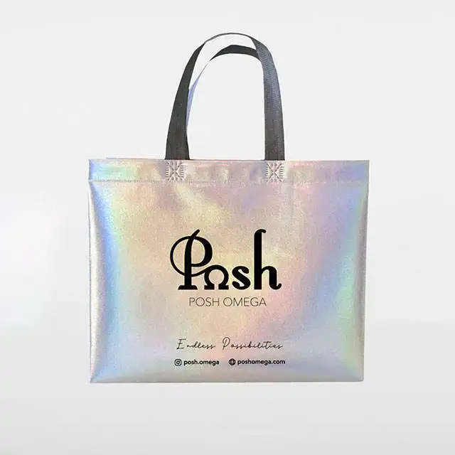Custom Logo Reusable Fashion Pink Holographic Metallic Laminated Non Woven Iridescent Gift Tote Bag With Logo