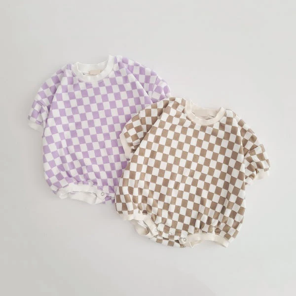 Neutral Baby Bubble Romper Sweatshirt Checkered Towelling Terry One Piece Lounge Cotton Chunky Kids Checkerboard Jumpsuit Chill