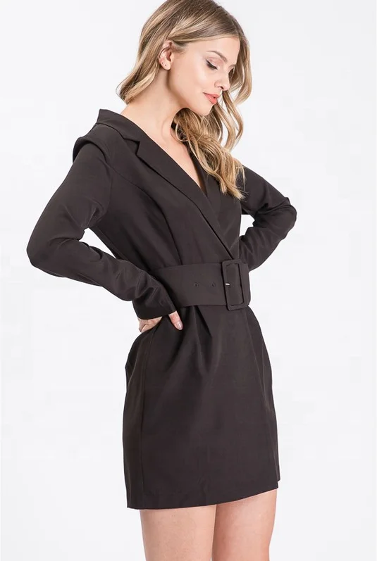 
2020 hot sale women office style black V collar long sleeve one-piece dress with belts 