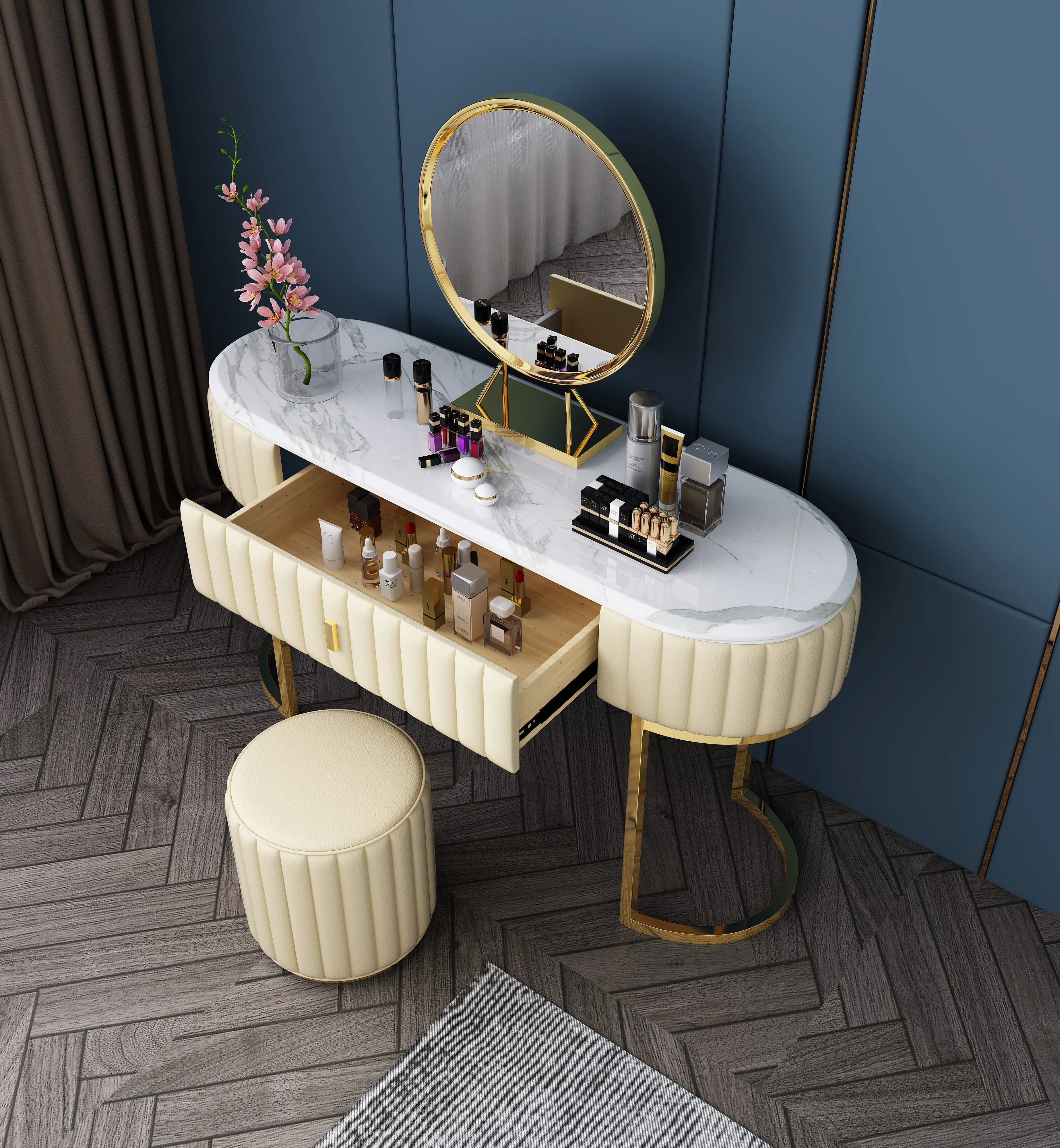 Luxury White Dressing Table With Mirror and Stool, vanity table Set 4 Drawers Bedroom Dresser