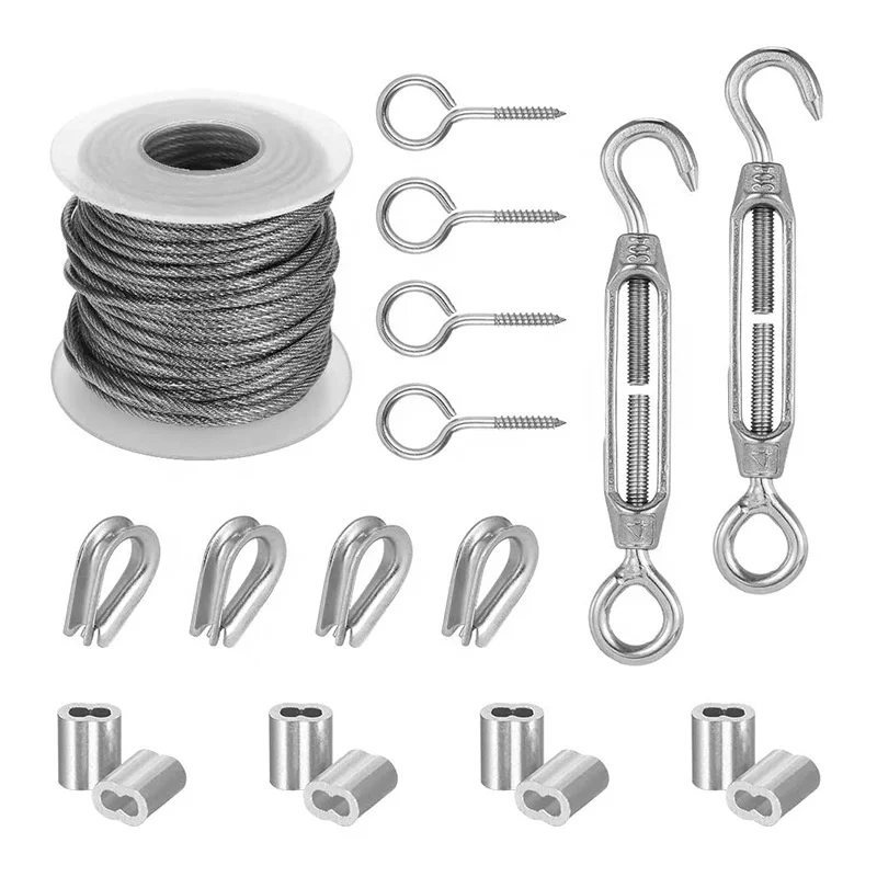 String Light Suspension Kit with Stainless Steel 150fts PVC Coated Wire Rope,Turnbuckle and Hooks
