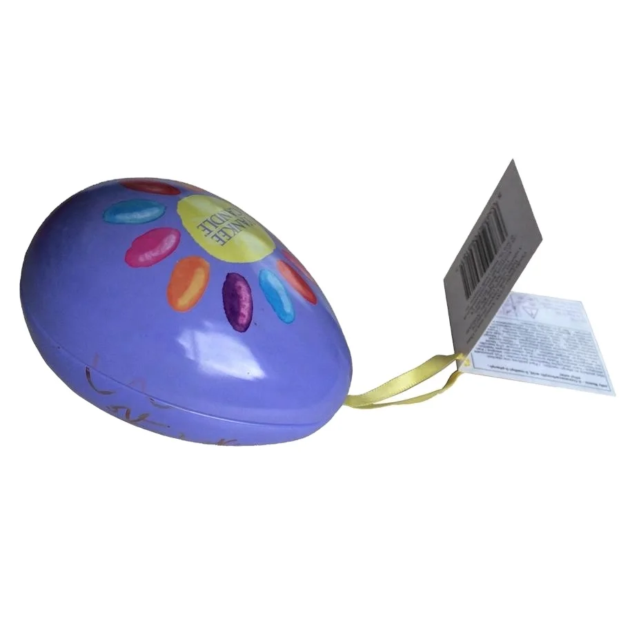 Egg shape tin box with ribbon and label / packaging tin can with lovely shape