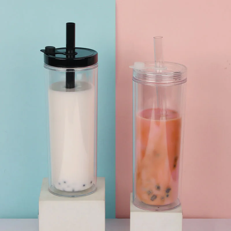 OEM Straight Clear Double Wall Reusable Boba Tumbler Cups 20 Oz Skinny Bubble Tea Plastic Cups With Lids And Straws