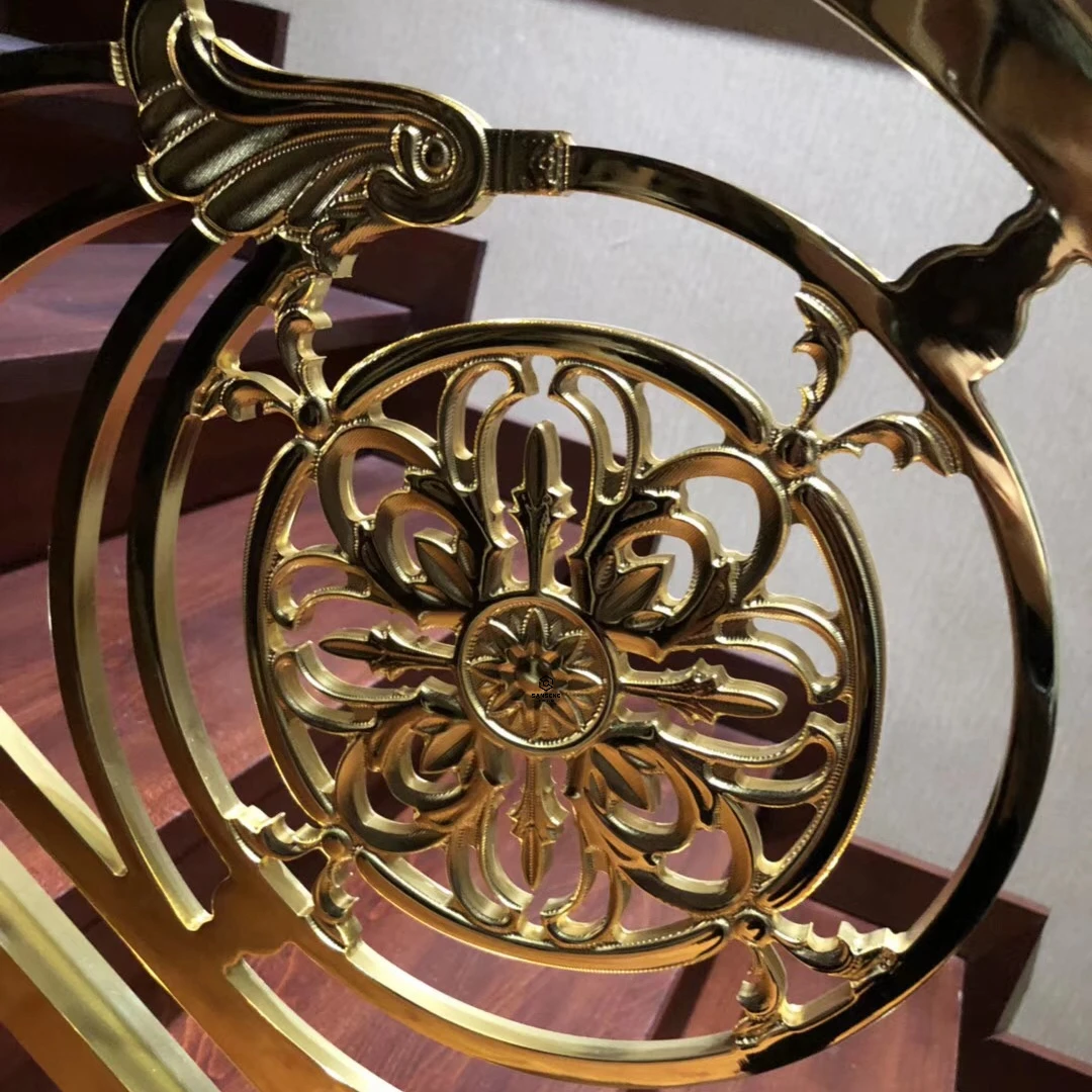 Luxury resort villa mirror gold aluminium curved stairs railing spiral staircase balustrades & handrails design