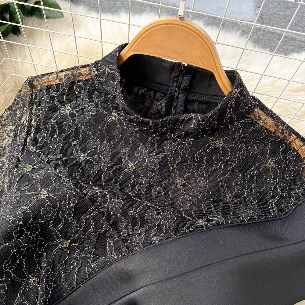 Custom sexy lace embroidery patchwork irregular dress women short sleeve Fanny pack hip black evening black dress