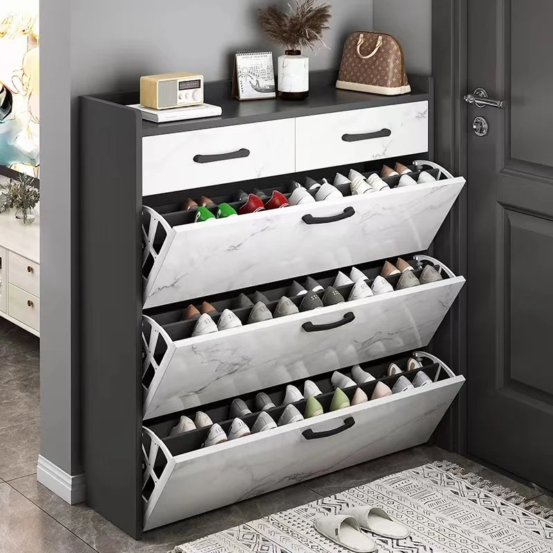 Modern White Marble 4 Tier Tipping Bucket Design Shoe Cabinet Wooden Shoe Rack With Storage Drawer