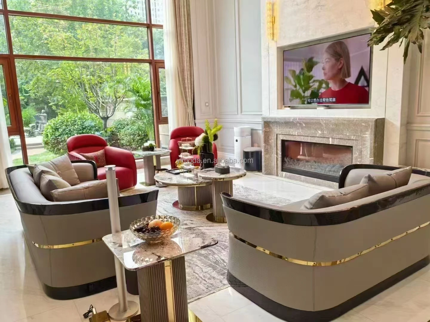 Modern Italian design luxury living room villa hotel sofa furniture Red Grey contrast leather sofa set couch sofa