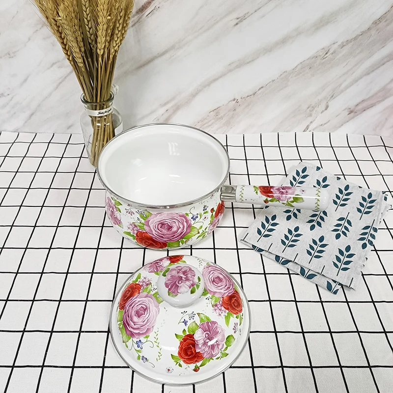 Enamel Milk Pot With Lid Enamel Kitchenware Cast Iron Enamel Coating Full Decal 210 Stainless Steel Flat Sides