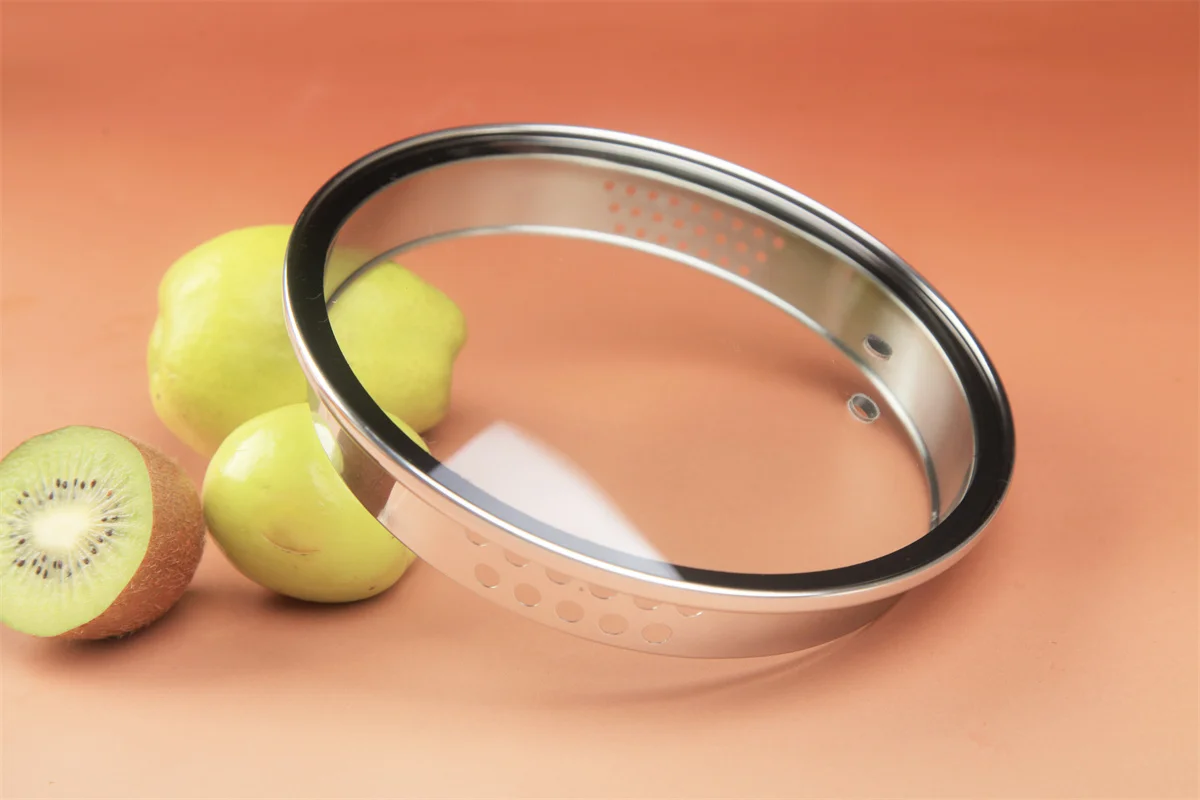 4mm glass 304ss rim L type tempered glass cover glass lid with handle and knob for cookware frying pan pot