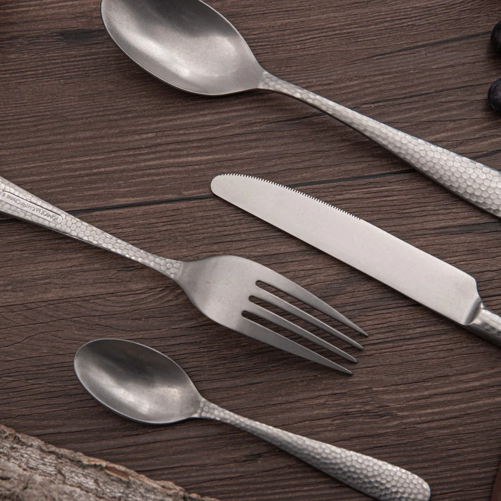 China made bulk custom logo vintage stainless steel flatware antique pewter color hotel grade cutlery set product