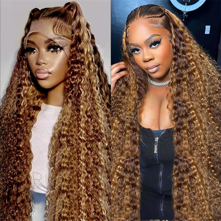 Raw Cuticle Aligned Indian Hair Glueless Piano Color Highlight Deep Wave Honey Blonde 13x4 13x6 Lace Front Wigs For Black Woman