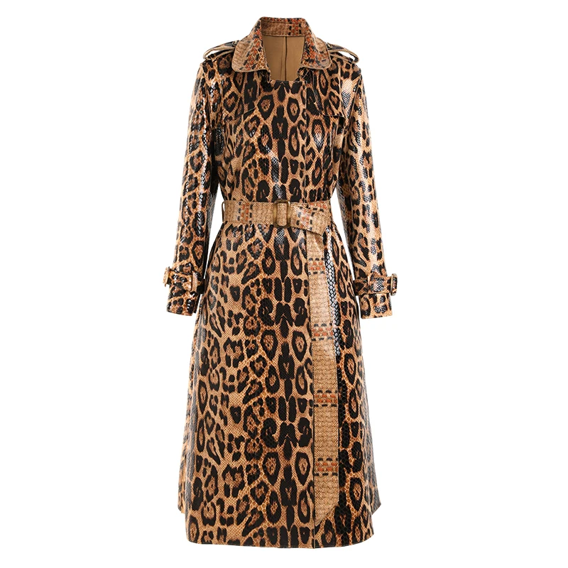 Luxury Quality Fall Winter High Street Style Leopard Printing PU Leather Long Trench Coat for Women