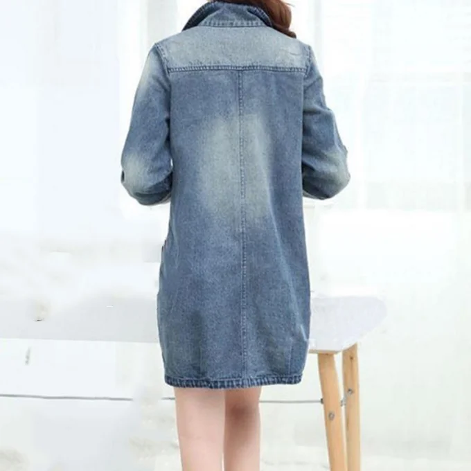 Loose Lady Long Jackets Woman Hole Denim Jacket Ladies Jean Windbreaker