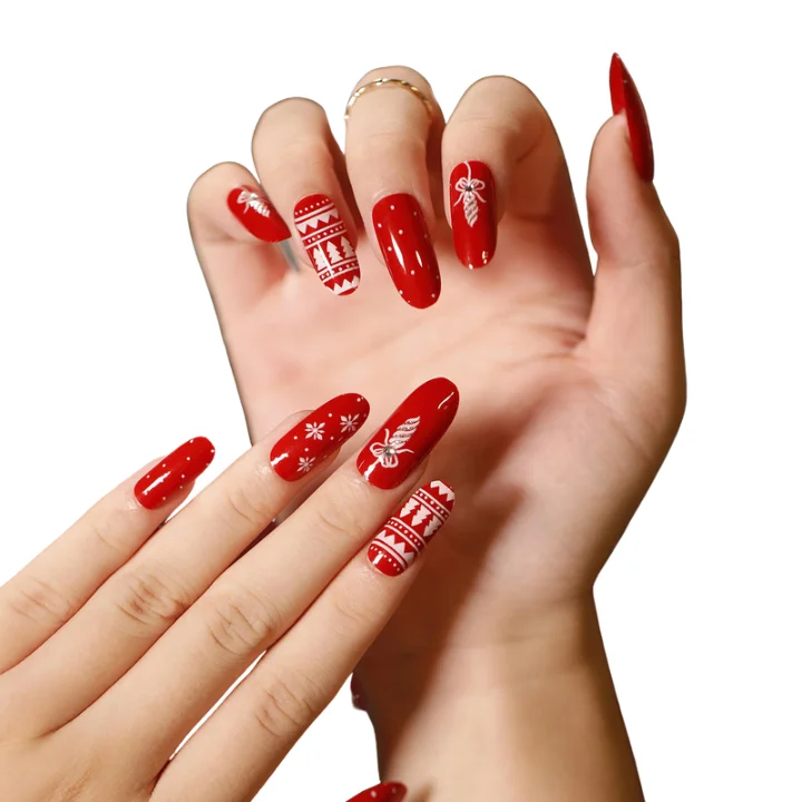 24pcs French red christmas tree pattern nail art 3d Acrylic press on Nail Piece Salon Coffin False Nail For Women Decoration