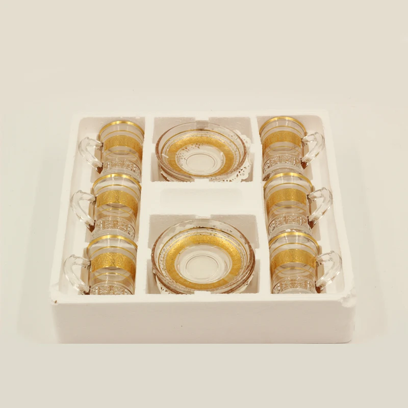 Clean glass handmade blown arabic turkish tea cup sets golden line