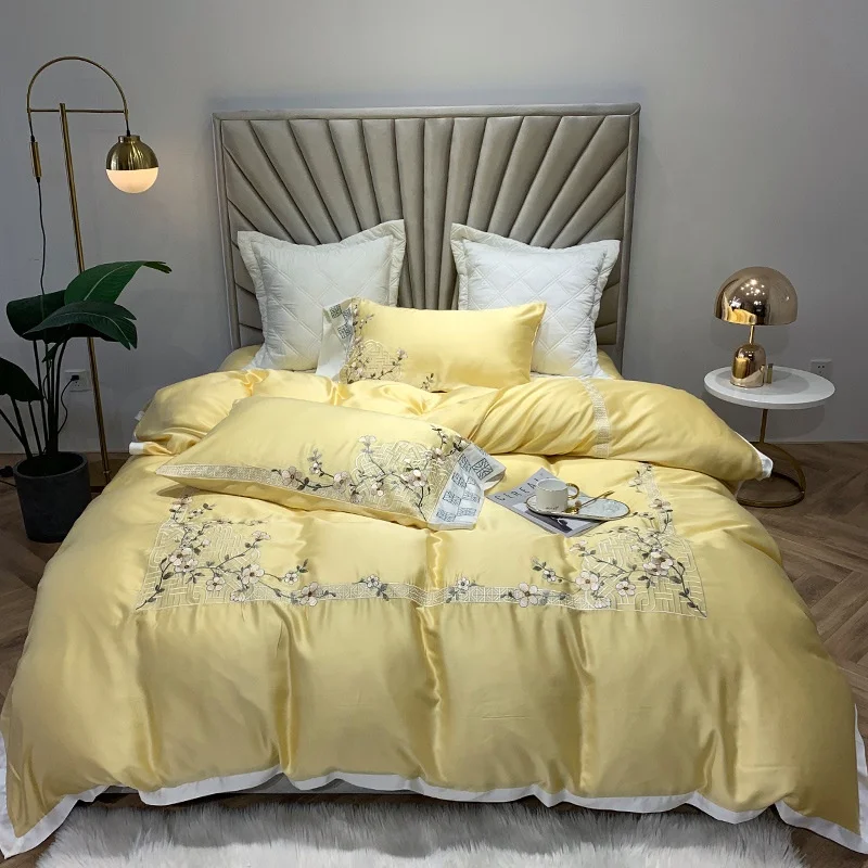 Seasonal discount summer fancy satin jacquard yellow and sky blue duvet cover bedding embroidery flower sets