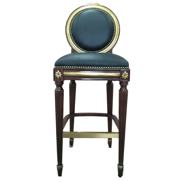 Modern restaurant furniture wooden bar stool vintage gold leaf bar chair luxury style black leather bar stools