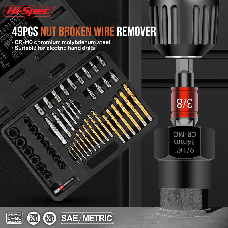 49pc Broken Screw Extractor Tool Set for Damaged Removal. 1# - 6# Bit Removers, Bolt Sockets and HSS Drill Bits. OEM ODM Ready