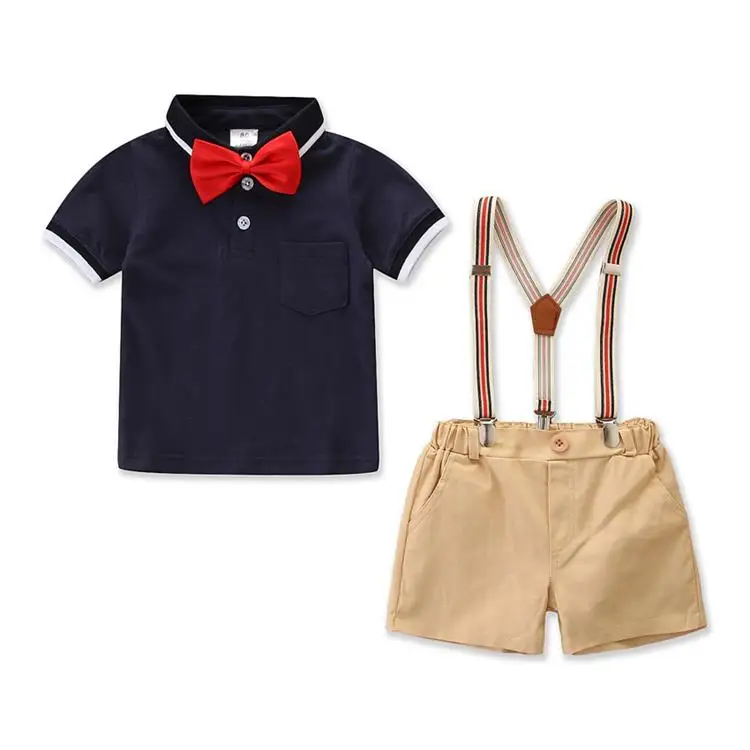 Gentleman Outfits Suits 3 Piece Short Sleeve Polo Shirt+Bib Pants+Bow Tie Boy Polo Short Set