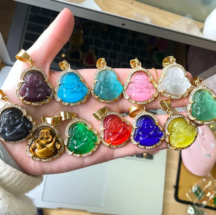 Jialin INS 18k gold stainless steel crystal clear laughing buddha natural orange green pink jade stone necklace women