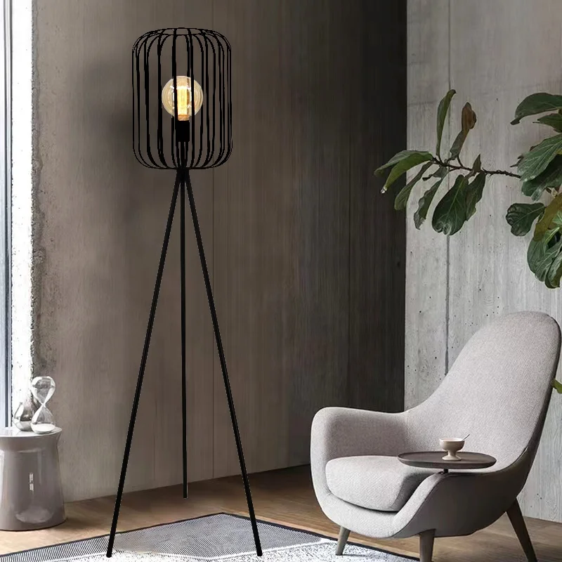 Contemporary Silhouette Design Indoor LED Standing Lighting Tall Matte Black Metal Cage Tripod Floor Lamp for Living Rooms