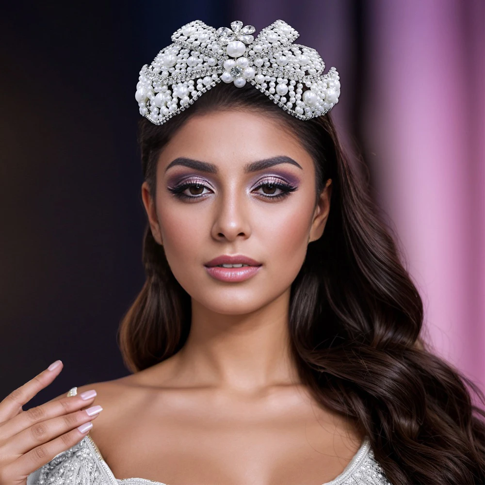 Bride Wedding Hair Accessories Rhinestone Pearl Headband Bow Hair Jewelry NE1393