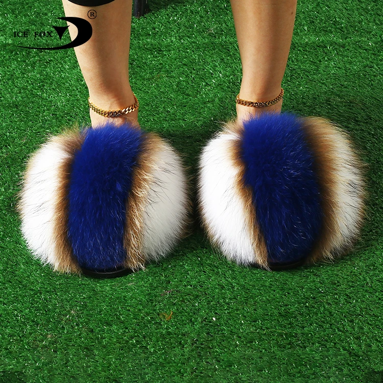 Open Toe Single Strap Slip On Sandals Real Fox Fur Women Multicolor Pvc Bag Accept Customized Logo