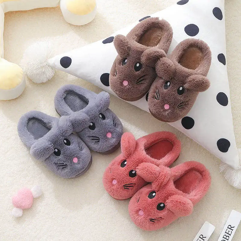 
custom indoor cute cartoon plush winter bedroom kids faux fur animal slippers 