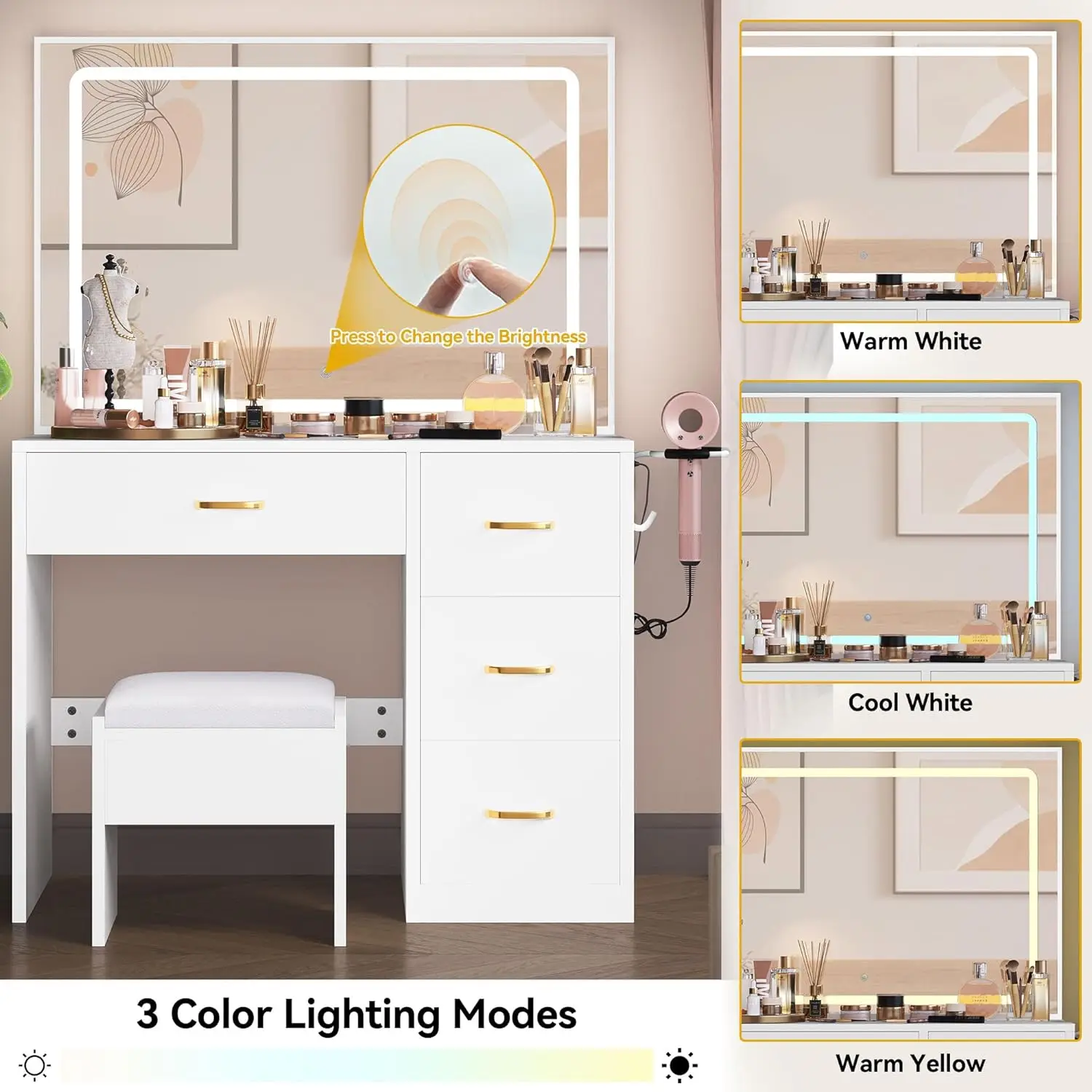Large size Lighted Mirror  Makeup Vanity Desk with LED Strip 3 Color Lighting Modes with Adjustable Brightness 4 Drawers