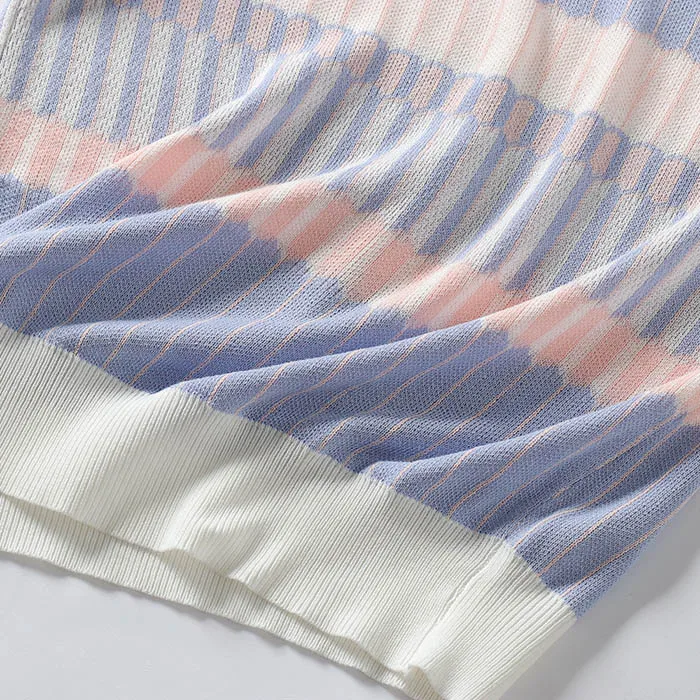 MY015 Korean Fashion Sweet Striped Patchwork O Neck Fresh  Knit Crop Tops Ladies Summer Thin Sweater Knitwear Clothing