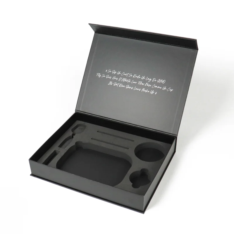 custom biodegradable embossed book style rigid cardboard luxury magnetic closure cosmetic packaging paper box with eva insert