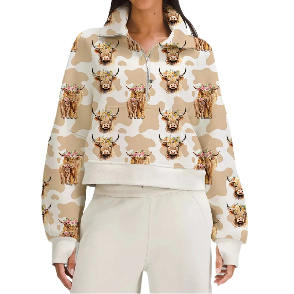 Wholesale Personalized Western Highland Cow Sweatshirt Aztec Checkered Print Pullover