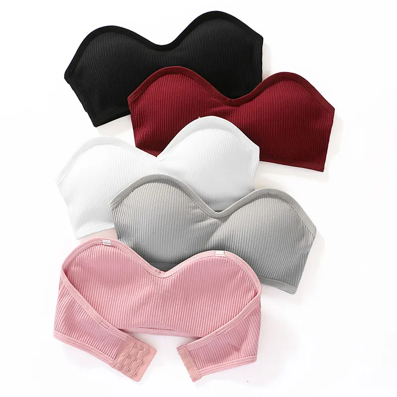Women Beautiful Back Chest Wrap Bra Three-Breasted Ribbed Tube Tops Plain Women With Chest Pad