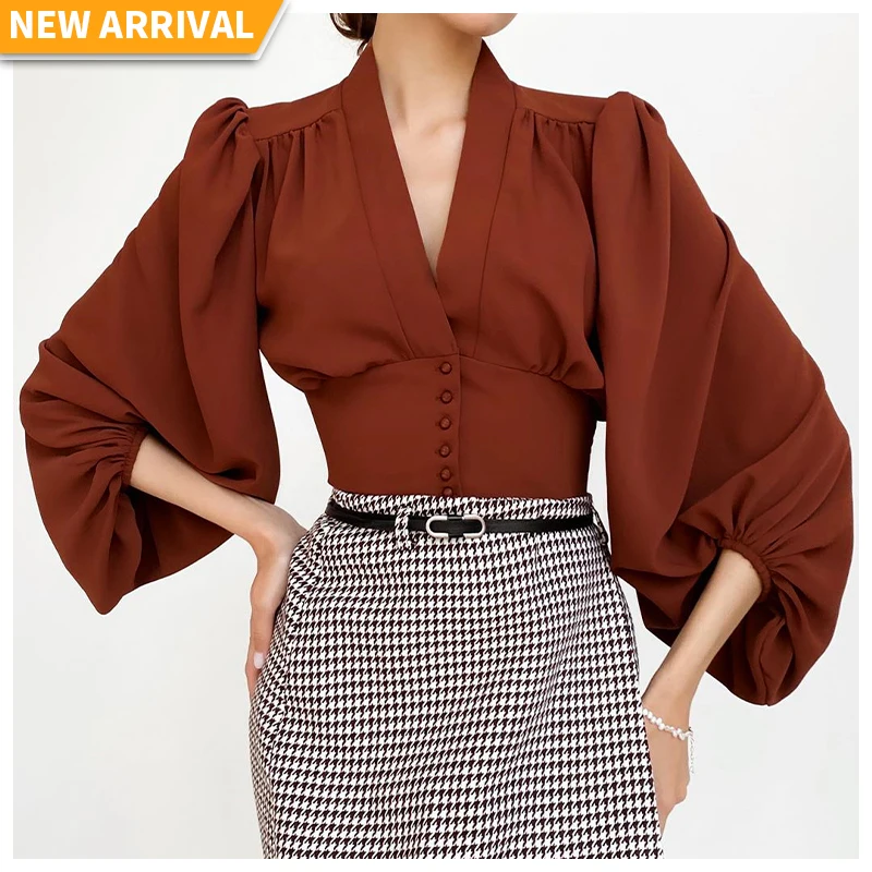 
2021, оптовая продажа, весна-осень, женские элегантные рубашки с v-образным вырезом во французском стиле, с длинным рукавом-фонариком, укороченный топ, блузки для женщин, лето 
