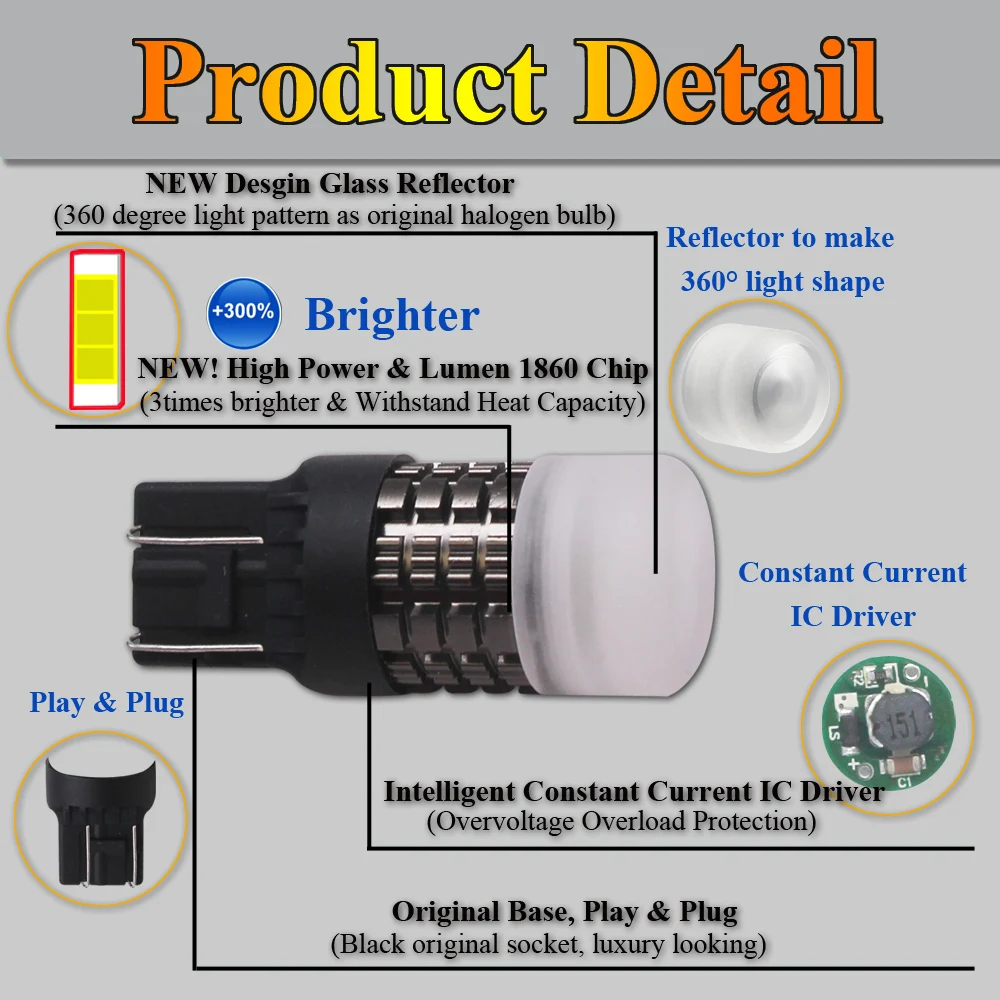 
50000hrs lifespan aluminum design auto brake light w21/5w 7443 led car bulb t20 